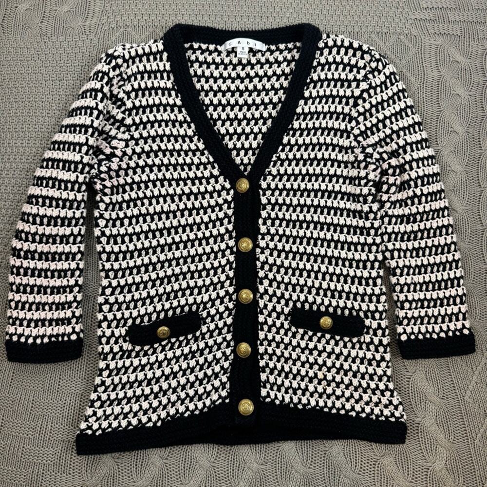 Cabi Black and White Women's Cardigan Knit Sweater with Gold Buttons Size Small